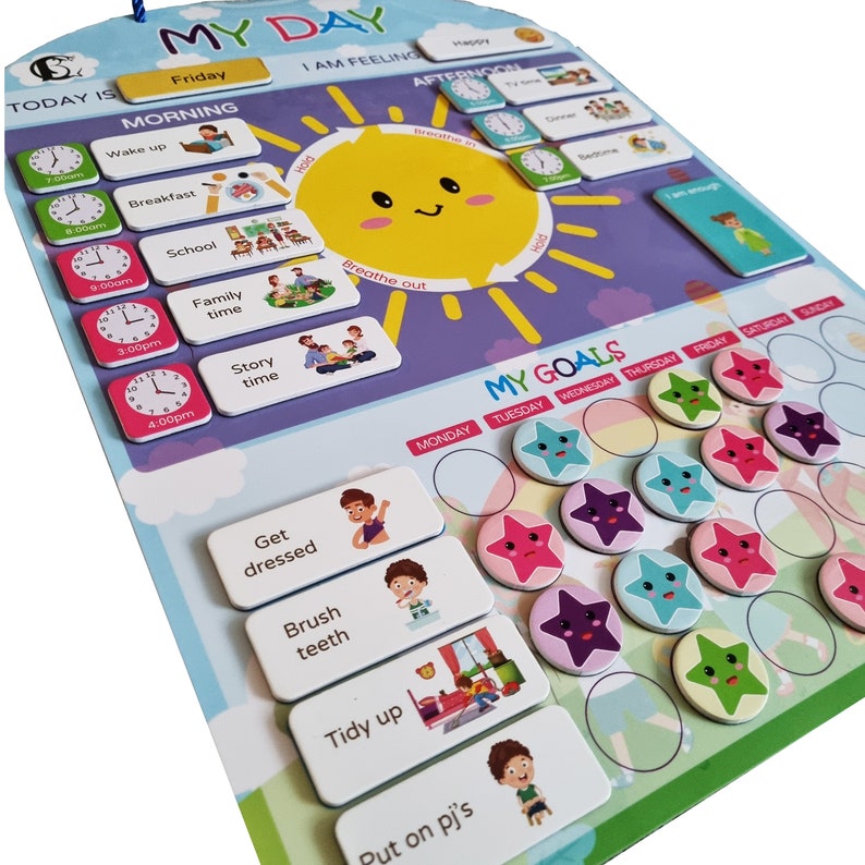 May include: A colorful chart for kids with a smiling sun in the center. The chart includes a daily schedule with times for activities like wake up, breakfast, school, and bedtime. It also has a section for tracking goals with a grid of stars for each day of the week.