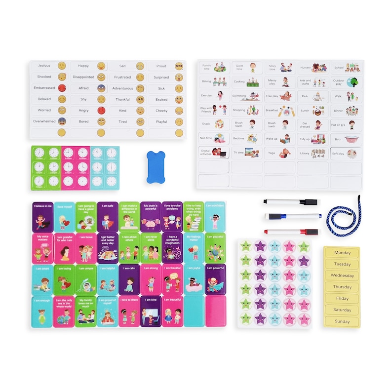 May include: A set of colorful magnetic tiles for children. The tiles feature various images, including emotions, times of day, days of the week, and positive affirmations. The set also includes markers, a dry-erase board, and a star-shaped sticker sheet.