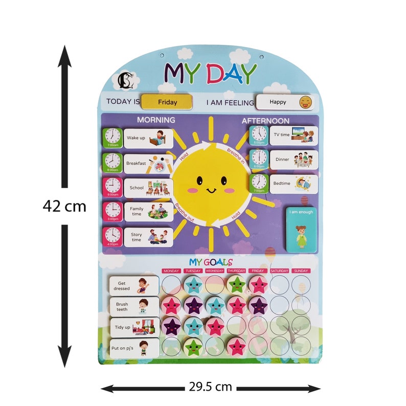May include: A colorful chart for kids to track their daily routine and goals. It features a smiling sun, a clock, and a calendar with days of the week. The chart is 42 cm tall and 29.5 cm wide. It includes activities like wake up, breakfast, school, family time, story time, TV time, dinner, and bedtime. It also has a section for goals with a star for each day of the week.