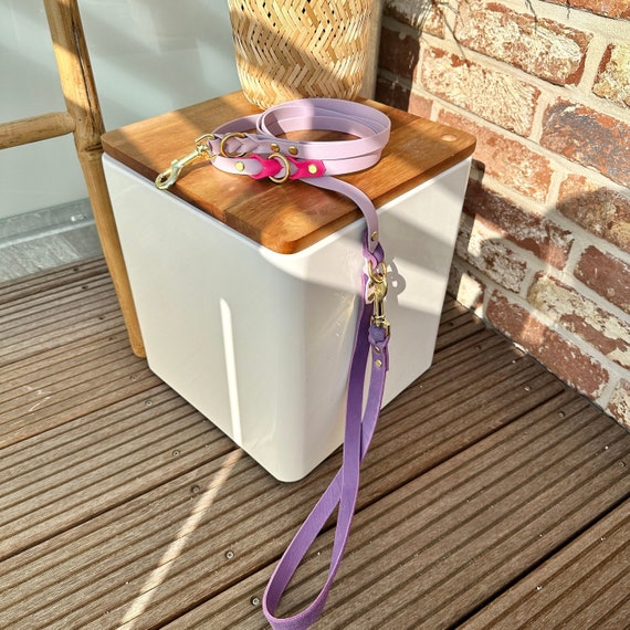 YELL OH BELLO Biothane dog leash with leather loop, purple/lilac/pink, 2-way adjustable