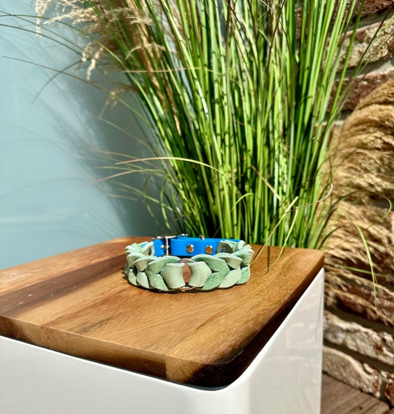 YELL OH BELLO Dog Collar made of Leather & Biothane, Mint/Blue, Pattern