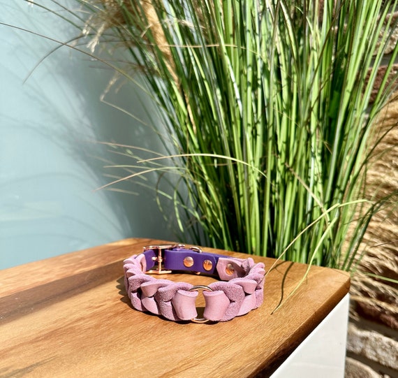 YELL OH BELLO Dog Collar made of Leather & Biothane, Lilac/Violet, Pattern