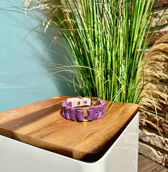 YELL OH BELLO Dog Collar made of Leather & Biothane, Purple/Lilac, Pattern