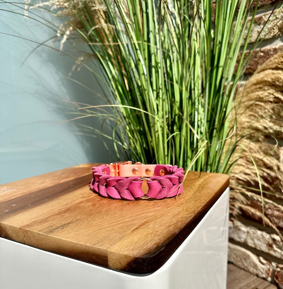 YELL OH BELLO Dog Collar made of Leather & Biothane, Pink/Shiny Rosé, Pattern