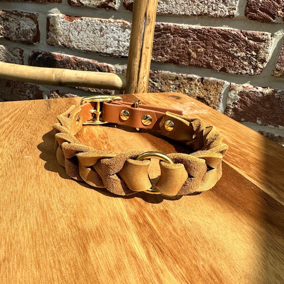 YELL OH BELLO Leather & Biothane Dog Collar, Cognac/Brown