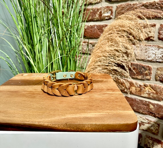 YELL OH BELLO dog collar made of leather & Biothane, Cognac/Sage