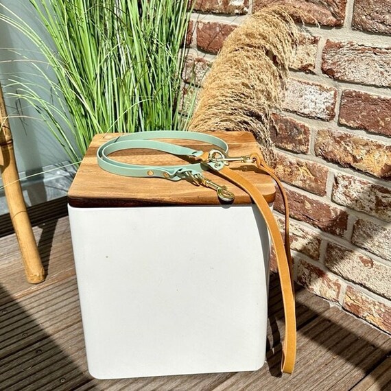 YELL OH BELLO Biothane dog leash with leather loop, sage/cognac, 2-way adjustable