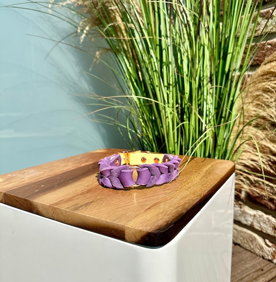 YELL OH BELLO Dog Collar made of Leather & Biothane, Purple/Pastel Yellow, Pattern