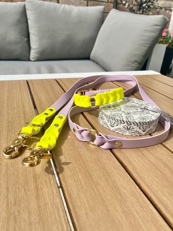 YELLoBELLO set dog collar and leash made of Biothane (leather substitute), in lilac/neon yellow