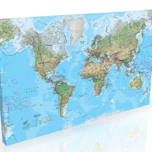 May include: A detailed world map printed on canvas with a blue background and green and brown landmasses. The map shows the continents of North America, South America, Europe, Asia, Africa, and Australia. The map also shows the major oceans, including the Pacific Ocean, Atlantic Ocean, Indian Ocean, and Arctic Ocean.
