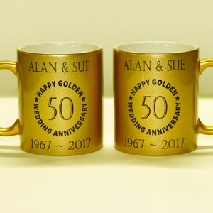 Personalised Golden Wedding Anniversary Pair of Matching Mugs - Beautifully Hand Decorated Ceramic Glittery Golden Mugs