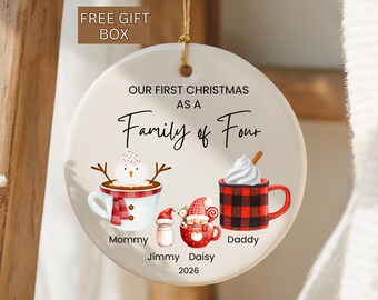 Family of Four Ornament Personalized, Family Custom Ornament, First Christmas as a Family of Three, Four, Five Xmas Family Keepsake