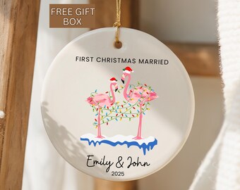 Personalized First Christmas Married Ornament, Flamingos Christmas Wedding Keepsake, 1st Christmas as Mr and Mrs, Custom Married Ornament