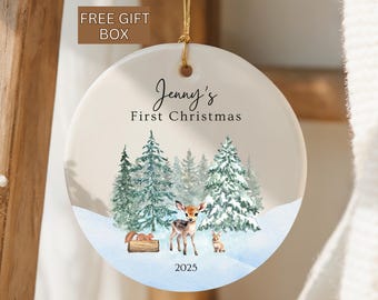 Baby First Christmas Ornament, Personalized Watercolor Winter Baby Animals Ornament, Custom Baby Keepsake, New Baby Christmas Ornament