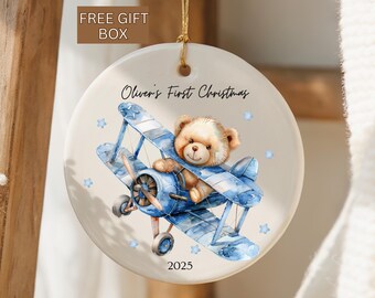 Baby's First Christmas Ornament, Watercolor Teddy Bear in Airplane Ornament, Custom Baby Keepsake, New Baby Christmas Ornament, Newborn Gift