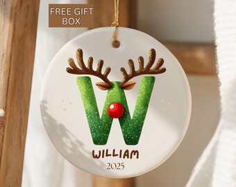 Letter Name Personalized Ornament, Initial and Name Christmas Ornament, Monogram Christmas Ornament Kids, Letter Antlers & Red Nose Ornament