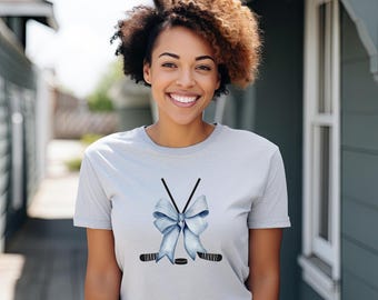 Hockey Sticks and Bow Unisex Short Sleeve Tee, Hockey gift for her, Hockey Girl gift