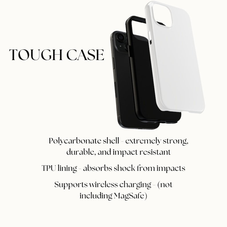 Puede incluir: Una funda de tel&eacute;fono blanca con una funda de tel&eacute;fono negra en su interior. El texto "TOUGH CASE" est&aacute; en la parte superior de la imagen. El texto debajo de la imagen dice: "Carcasa de policarbonato - extremadamente resistente, duradera y resistente a los impactos Forro de TPU - absorbe los golpes de los impactos Admite carga inal&aacute;mbrica - (sin incluir MagSafe)"