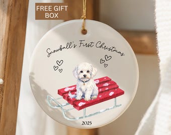 Personalized Maltese Puppy's First Christmas Ornament, Maltese Puppy Keepsake, 1st Xmas Custom Maltese Ornament, Maltese Ornament