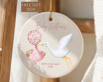 Birth Announcement Ornament Personalized It's a Girl, Stork Birth Announcement Girl, Birth Announcement Gift for Grandparents, Baby Ornament