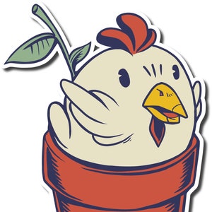 May include: A white chicken with a red comb and a yellow beak is peeking out of a red pot with the symbol "π" on the front. The pot has a green stem with a leaf coming out of the top.