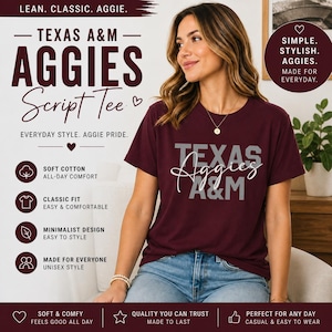 Womens Texas Aggie Shirt, Cute Aggies Script Tee, Casual College Shirt, Game Day Outfit, Texas A&M Gift for Her