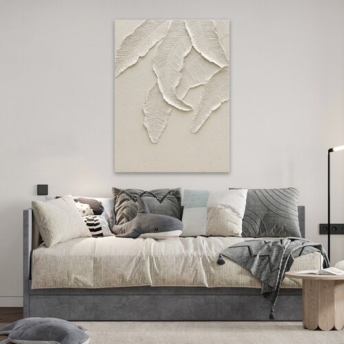 Original White Minimalist Painting on Canvas Textured Wall Art Painting Party shops Wabi Sabi Wall Art Leaves Painting Living Room Wall Art