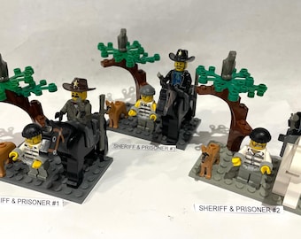 Minifigure LEGO dello sceriffo, del cane e dei prigionieri
