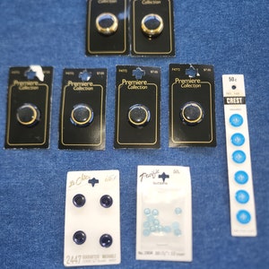 Vintage blue buttons unused on original cards, brands include Premier Collection, Pacific, Crest and Le Chic,  sewing supplies and craft sup