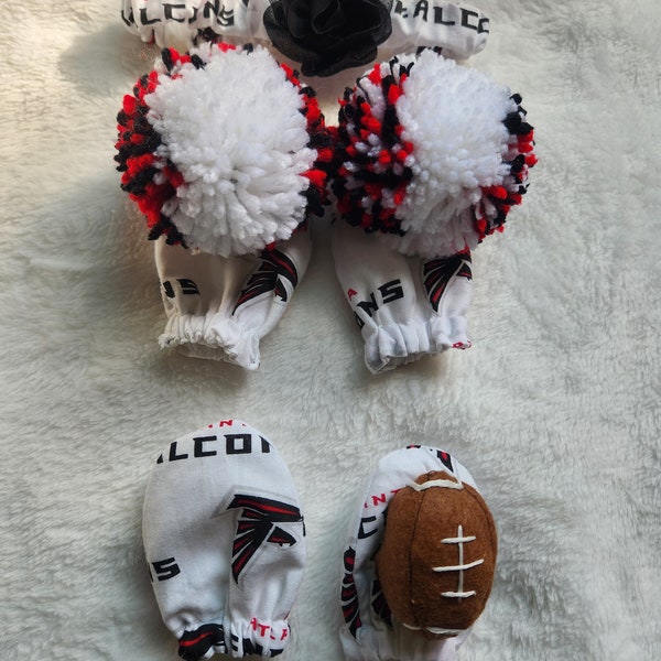 Handmade baby mitts, handcrafted licensed Atlanta Falcons fabric football no scratch mitts, unique and creative 3-D mitts and wristbands.