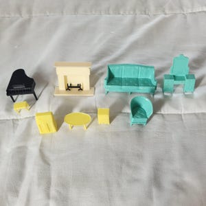 Vintage dollhouse furniture 9 pc lot couch chair piano bench coffee table radio nightstand vanity fireplace c1960's