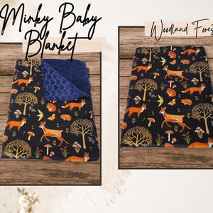 Dark Unisex Minky Baby Blanket with Woodland Forest Animals, handmade personalized baby gift, goth baby gift