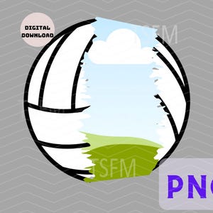 May include: Black and white volleyball graphic with a landscape scene inside. The image includes the text "DIGITAL DOWNLOAD" and "PNG" in a purple box. The background is a gray chevron pattern.