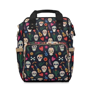 Dia De Los Muertos Multifunctional Diaper Backpack, Goth Diaper Bag Backpack, mom gift postpartum