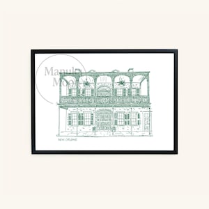 Impresión de boceto arquitectónico de Nueva Orleans en verde - Ilustración artística con tinta de Luisiana