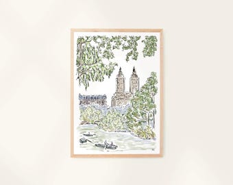 Central Park Lake, NYC | Watercolour, Ink & Oil Pastel Illustration