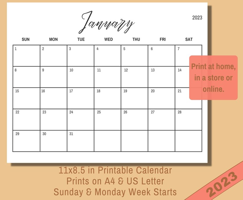2023 Fancy Type Printable Calendar Desk Calendar PDF Etsy Ireland
