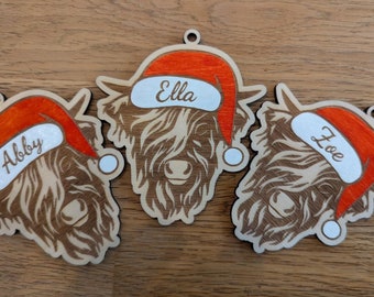 Personalised Wooden Highland Cow Christmas decoration. Handmade Christmas Bauble.