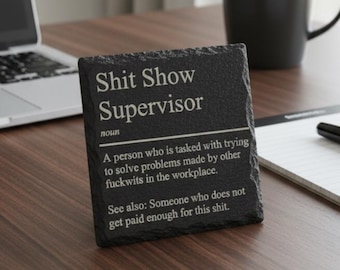 Slate coaster with a funny definition. Workplace gift for managers.