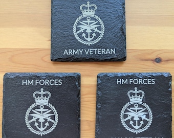 Laser engraved slate coaster, HM Forces, Army, Navy, RAF Veteran gift.
