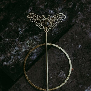 Raw Brass Hairpin In The Shape Of A Moth with Golden Obsidian image 1