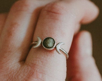 Open Tripple Goddess Silver Ring Obsidian