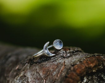 Full Moon and Crescend Moon Silver Ring with Moonstone, Moon Phase Open Ring, Handmade Silver Ring with Moonstone