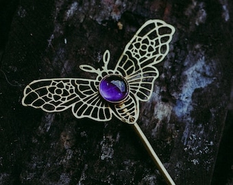 Moth-shaped Brass Hairpin with Amethyst, Handmade Wedding Brass Hair Decoration With Stone