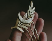 Boho, Celtic Brass Barette, Metal Comb, Moon and Laurel Twig, Handmade Raw Brass Hairpin for Wedding