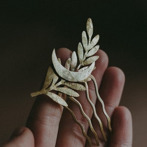 Boho, Celtic Brass Barette, Metal Comb, Moon and Laurel Twig, Handmade Raw Brass Hairpin for Wedding