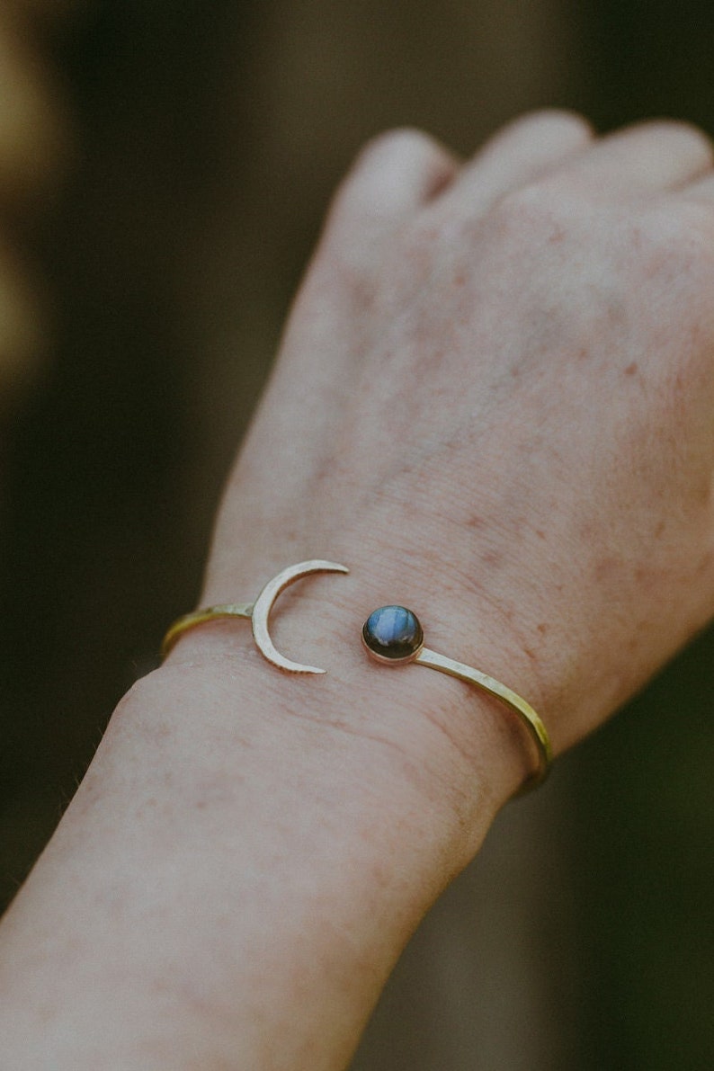 Handmade Brass Bracelet Crescend Moon & Labradorite, Raw Brass Bracelet With Gem Stone image 1