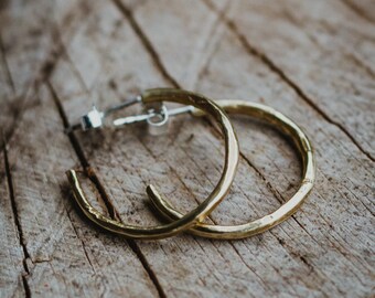 Ring-shaped Brass Earrings with Silver Studs, Handmade Minimalistic Brass Earrings