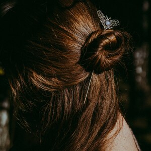 Raw Brass Moth-shaped Hairpin with 8mm Labradorite, Wedding Hair Decoration image 4