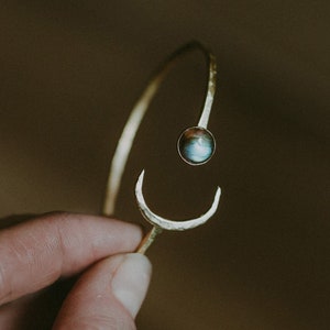 Handmade Brass Bracelet Crescend Moon & Labradorite, Raw Brass Bracelet With Gem Stone image 2